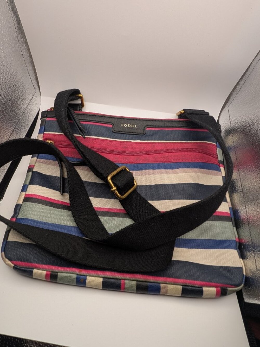 Fossil Eliza Coated Canvas Striped Crossbody Bag Multicolor Pink Blue EUC